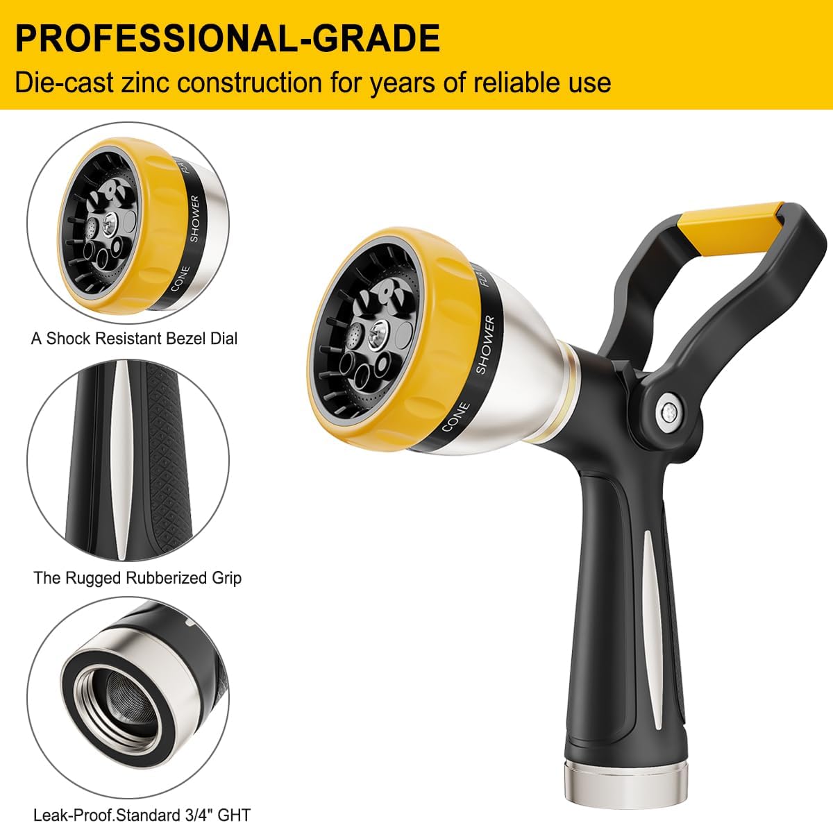 Fireman Style Garden Hose Nozzle Heavy Duty Metal, 8 Spray Patterns