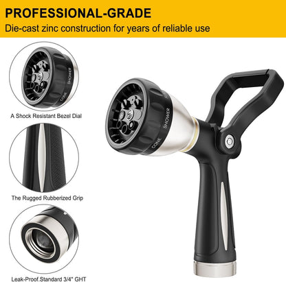 Fireman Style Garden Hose Nozzle Heavy Duty Metal, 8 Spray Patterns
