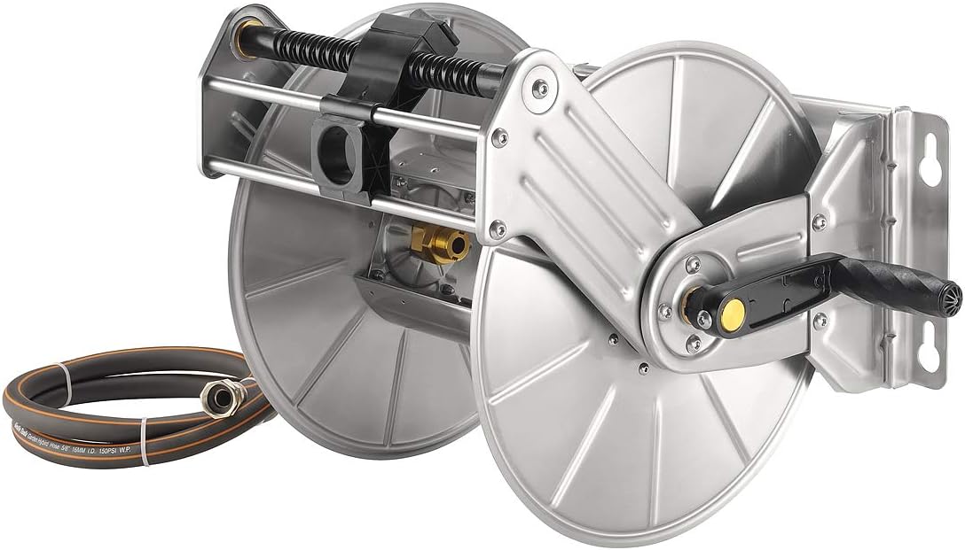 Stainless Steel Garden Hose Reel Heavy Duty, Wall/Floor Mounted Stainless Water Hose Reel Retractable with Crank, 150-Feet 5/8" Hose Capacity