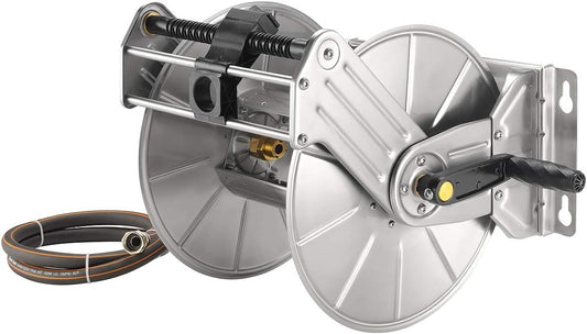 Stainless Steel Garden Hose Reel Heavy Duty, Wall/Floor Mounted Stainless Water Hose Reel Retractable with Crank, 150-Feet 5/8" Hose Capacity