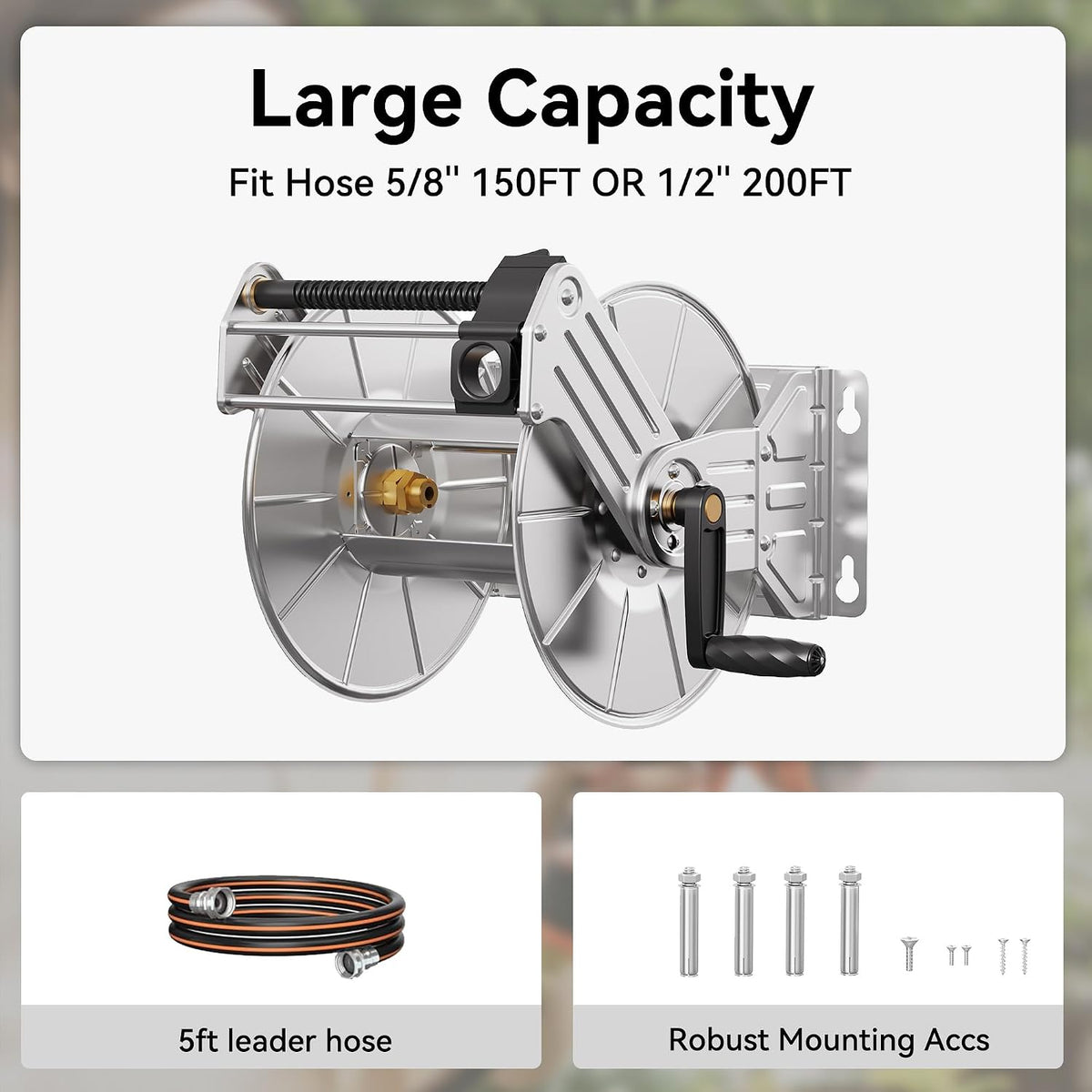 Stainless Steel Garden Hose Reel Heavy Duty, Wall/Floor Mounted Stainless Water Hose Reel Retractable with Crank, 150-Feet 5/8" Hose Capacity