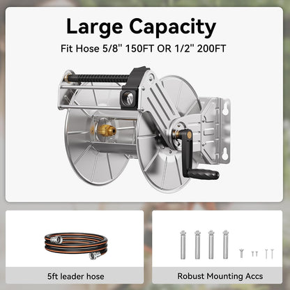Stainless Steel Garden Hose Reel Heavy Duty, Wall/Floor Mounted Stainless Water Hose Reel Retractable with Crank, 150-Feet 5/8" Hose Capacity