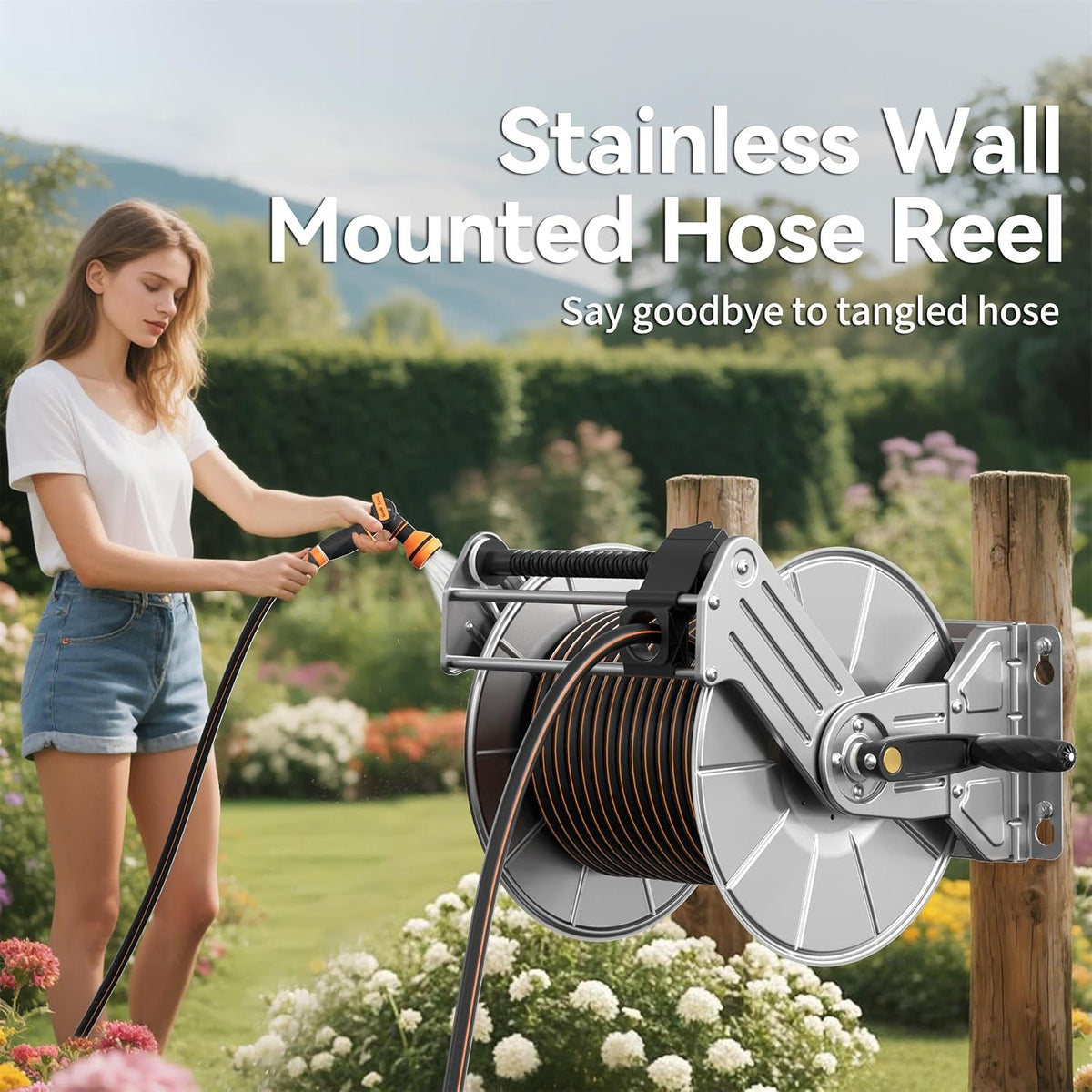 Stainless Steel Garden Hose Reel Heavy Duty, Wall/Floor Mounted Stainless Water Hose Reel Retractable with Crank, 150-Feet 5/8" Hose Capacity