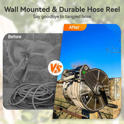 Stainless Steel Garden Hose Reel Heavy Duty, Wall/Floor Mounted Stainless Water Hose Reel Retractable with Crank, 150-Feet 5/8" Hose Capacity
