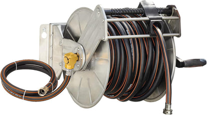 Stainless Steel Garden Hose Reel Heavy Duty, Wall/Floor Mounted Stainless Water Hose Reel Retractable with Crank, 150-Feet 5/8" Hose Capacity