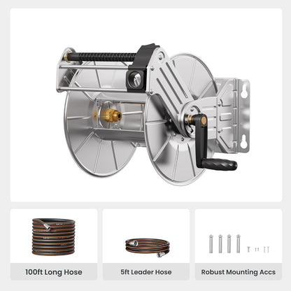 Stainless Steel Garden Hose Reel Heavy Duty, Wall/Floor Mounted Stainless Water Hose Reel Retractable with Crank, 150-Feet 5/8" Hose Capacity