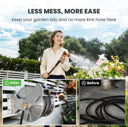 Stainless Steel Garden Hose Reel Heavy Duty, Wall/Floor Mounted Stainless Water Hose Reel Retractable with Crank, 150-Feet 5/8" Hose Capacity