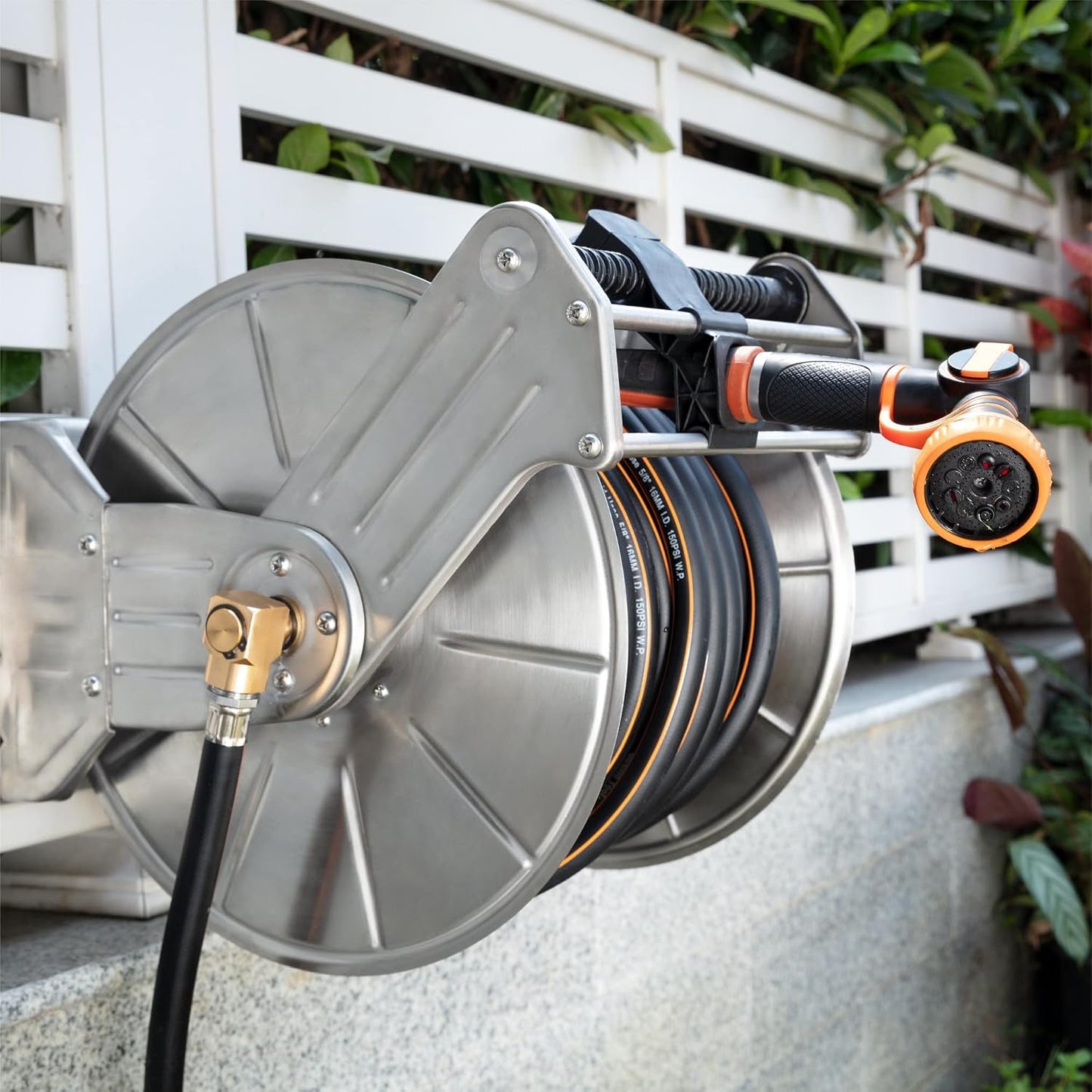 Stainless Steel Garden Hose Reel Heavy Duty, Wall/Floor Mounted Stainless Water Hose Reel Retractable with Crank, 150-Feet 5/8" Hose Capacity