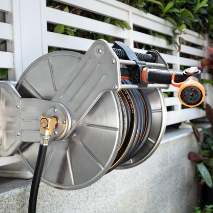 Stainless Steel Garden Hose Reel Heavy Duty, Wall/Floor Mounted Stainless Water Hose Reel Retractable with Crank, 150-Feet 5/8" Hose Capacity