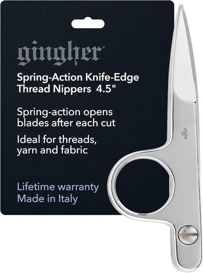 4.5" Spring-Action Knife-Edge Thread Nippers, Stainless Steel Shears, Sharp Knife Edge Fabric Scissors with Protective Leather Sheath, Chrome Plated Nickel Finish