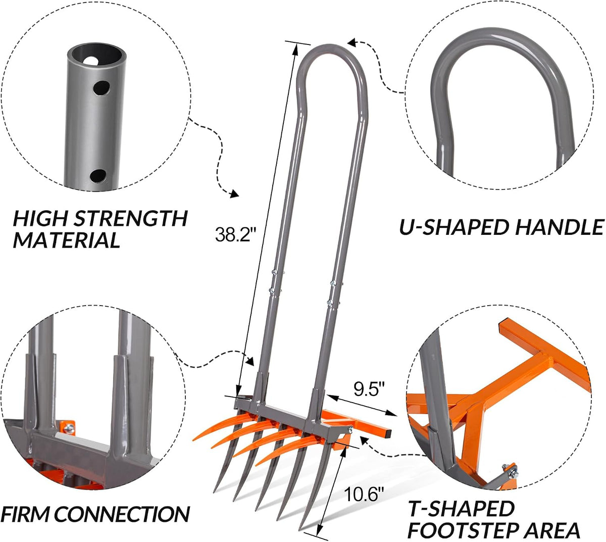 Broadfork Garden Tool, 9 Tines Heavy Duty Broad Fork Hand Tiller, 2-in-1 Garden Pitchfork with Ergonomic U-Shaped Handle, Spading Digging Fork for Gardening, Cultivating