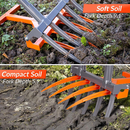 Broadfork Garden Tool, 9 Tines Heavy Duty Broad Fork Hand Tiller, 2-in-1 Garden Pitchfork with Ergonomic U-Shaped Handle, Spading Digging Fork for Gardening, Cultivating