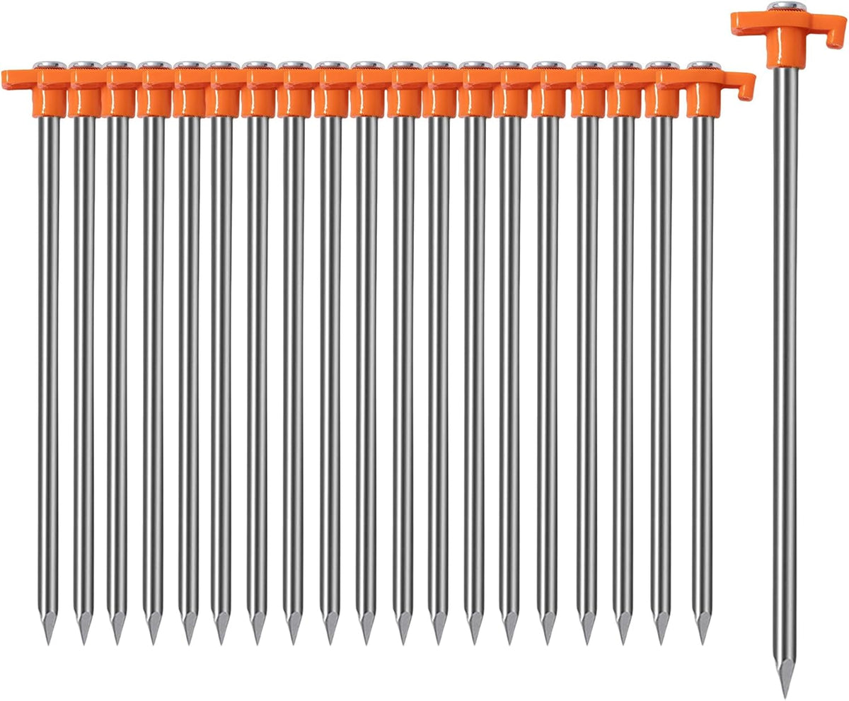 20 Pack Tent Stakes Heavy Duty, 9.75 Inch Yard Stakes Non-Rust Metal Tent Pegs Ground Stakes Tent Spikes for Camping Patio, Garden, Canopies, Grassland, Outdoor, Orange