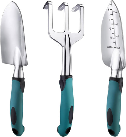 Garden Tools Set, 3 Piece Heavy Duty Gardening Tools Cast Aluminum with Soft Rubberized Non-Slip Handle, Durable Garden Hand Tools Garden Gifts for Men Women