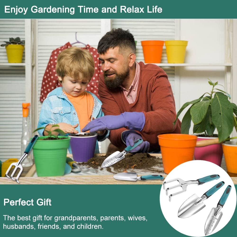 Garden Tools Set, 3 Piece Heavy Duty Gardening Tools Cast Aluminum with Soft Rubberized Non-Slip Handle, Durable Garden Hand Tools Garden Gifts for Men Women