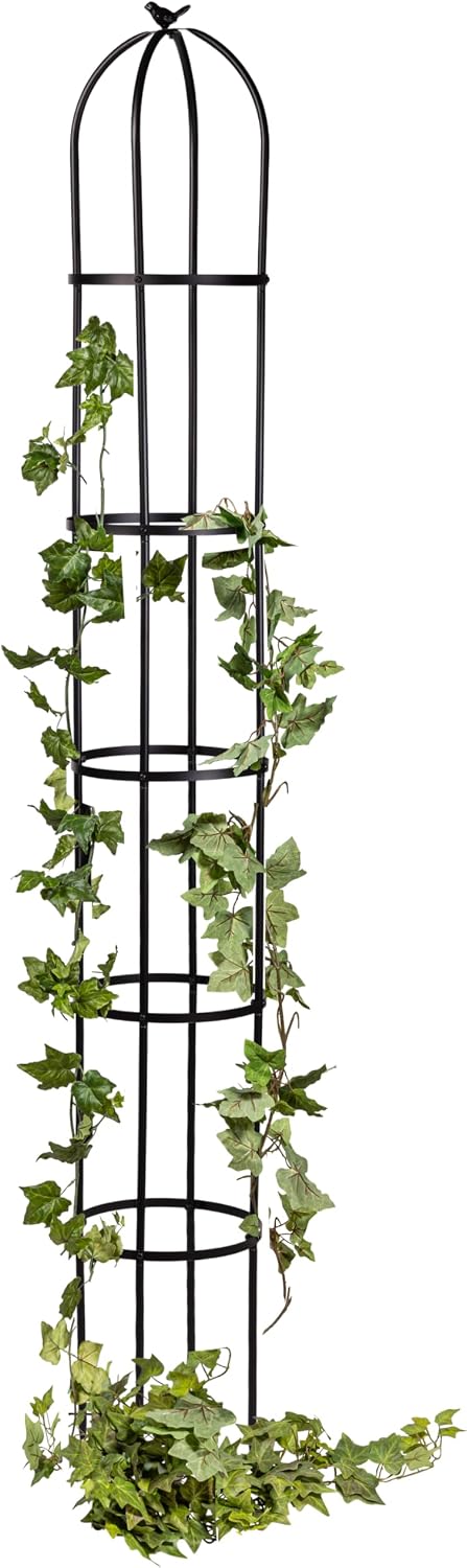 Evergreen Metal Garden Obelisk Trellis for Climbing Plants Outdoor, Indoor Plant Trellis for Potted Plants, Floral Pattern Arch Trellis (Black, 7 ft. Round)