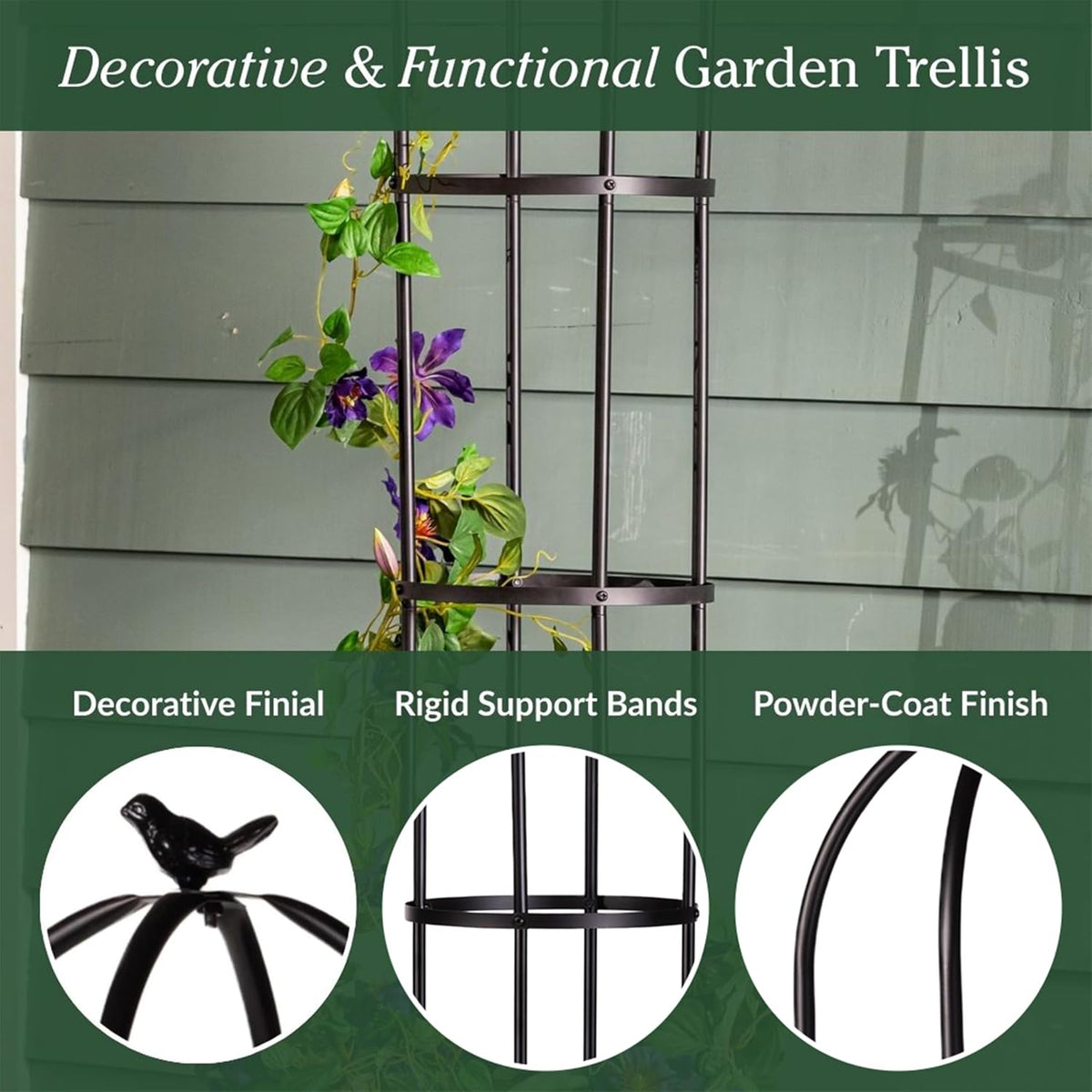 Evergreen Metal Garden Obelisk Trellis for Climbing Plants Outdoor, Indoor Plant Trellis for Potted Plants, Floral Pattern Arch Trellis (Black, 7 ft. Round)