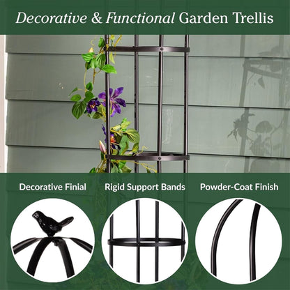 Evergreen Metal Garden Obelisk Trellis for Climbing Plants Outdoor, Indoor Plant Trellis for Potted Plants, Floral Pattern Arch Trellis (Black, 7 ft. Round)