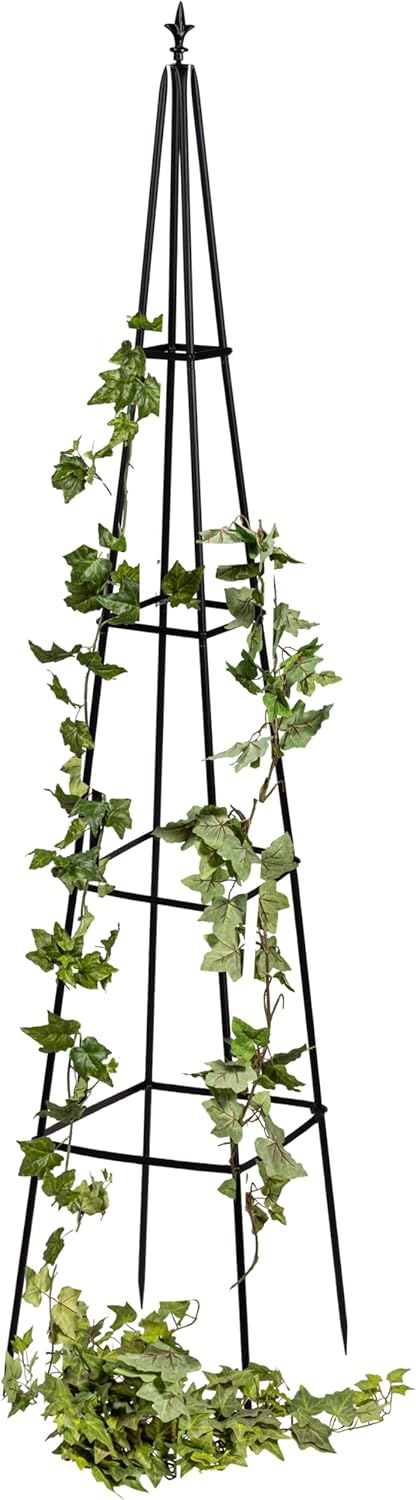 Evergreen Metal Garden Obelisk Trellis for Climbing Plants Outdoor, Indoor Plant Trellis for Potted Plants, Floral Pattern Arch Trellis (Black, 7 ft. Round)