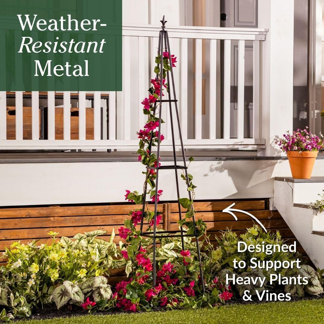 Evergreen Metal Garden Obelisk Trellis for Climbing Plants Outdoor, Indoor Plant Trellis for Potted Plants, Floral Pattern Arch Trellis (Black, 7 ft. Round)