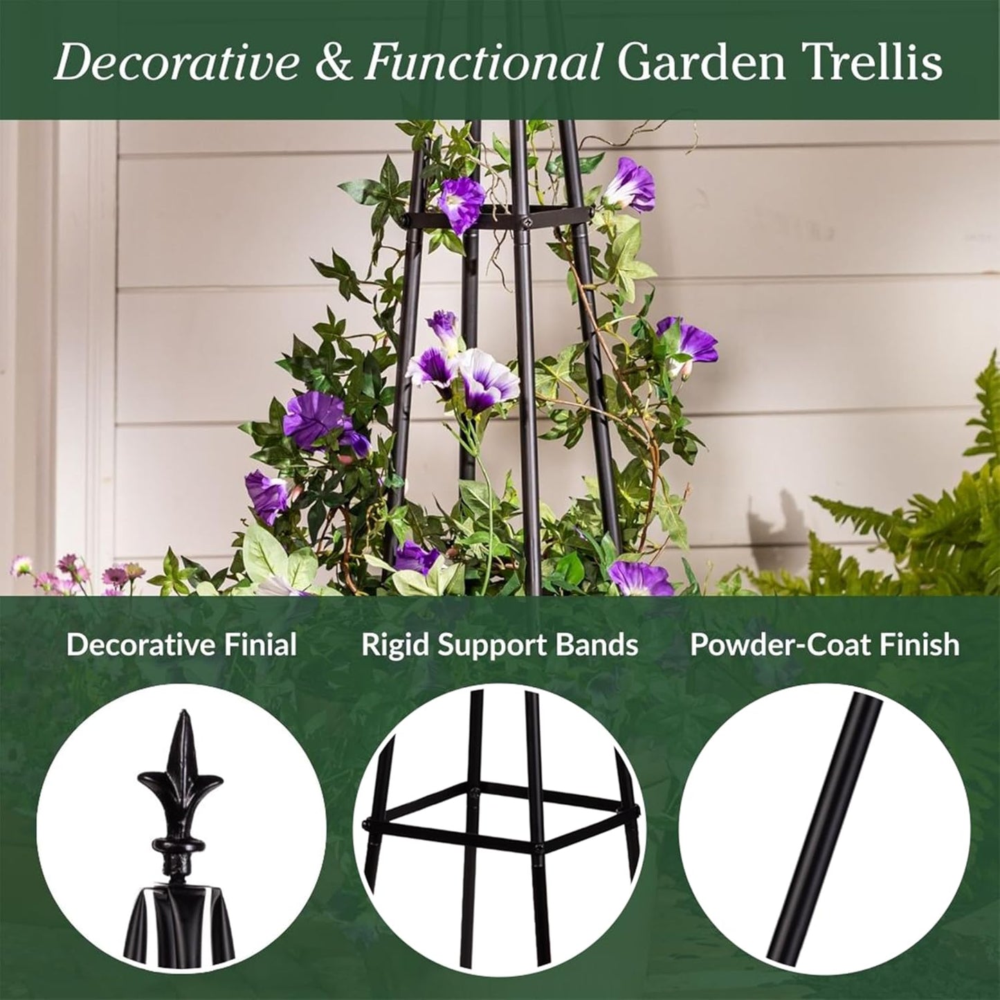 Evergreen Metal Garden Obelisk Trellis for Climbing Plants Outdoor, Indoor Plant Trellis for Potted Plants, Floral Pattern Arch Trellis (Black, 7 ft. Round)