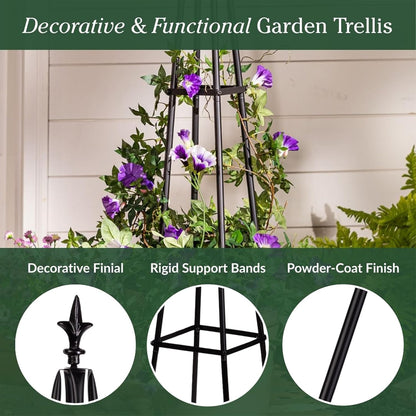 Evergreen Metal Garden Obelisk Trellis for Climbing Plants Outdoor, Indoor Plant Trellis for Potted Plants, Floral Pattern Arch Trellis (Black, 7 ft. Round)