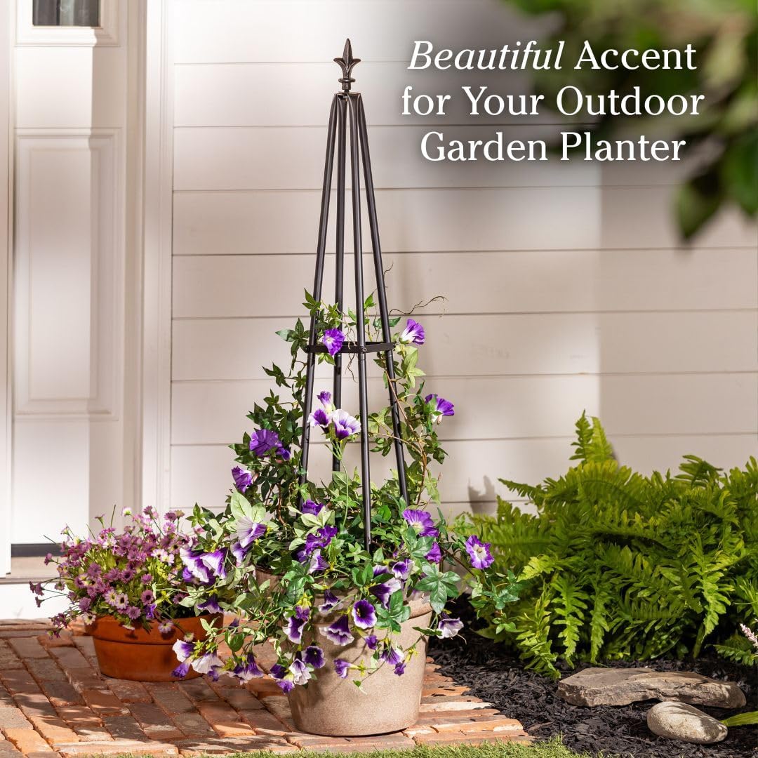 Evergreen Metal Garden Obelisk Trellis for Climbing Plants Outdoor, Indoor Plant Trellis for Potted Plants, Floral Pattern Arch Trellis (Black, 7 ft. Round)