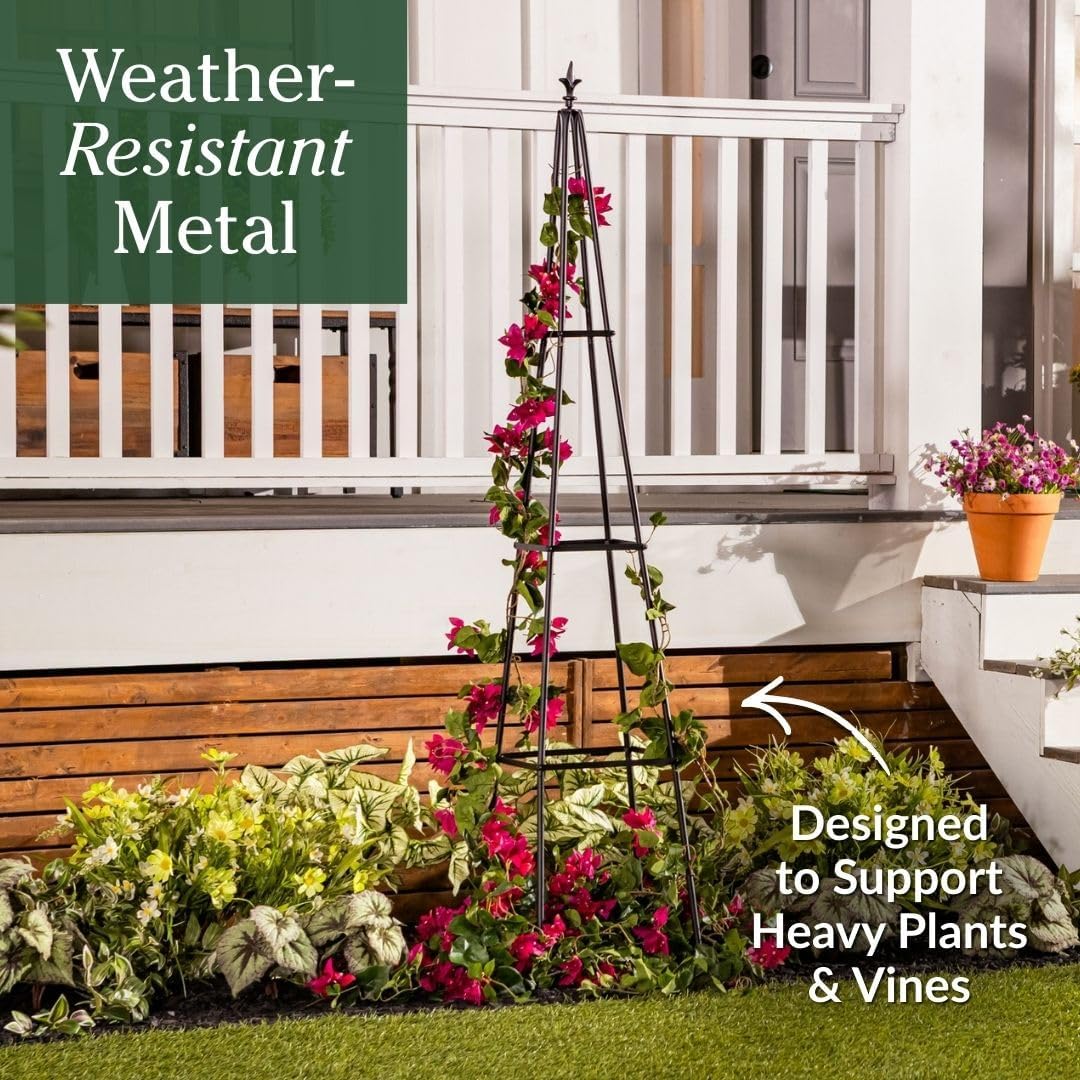Evergreen Metal Garden Obelisk Trellis for Climbing Plants Outdoor, Indoor Plant Trellis for Potted Plants, Floral Pattern Arch Trellis (Black, 7 ft. Round)