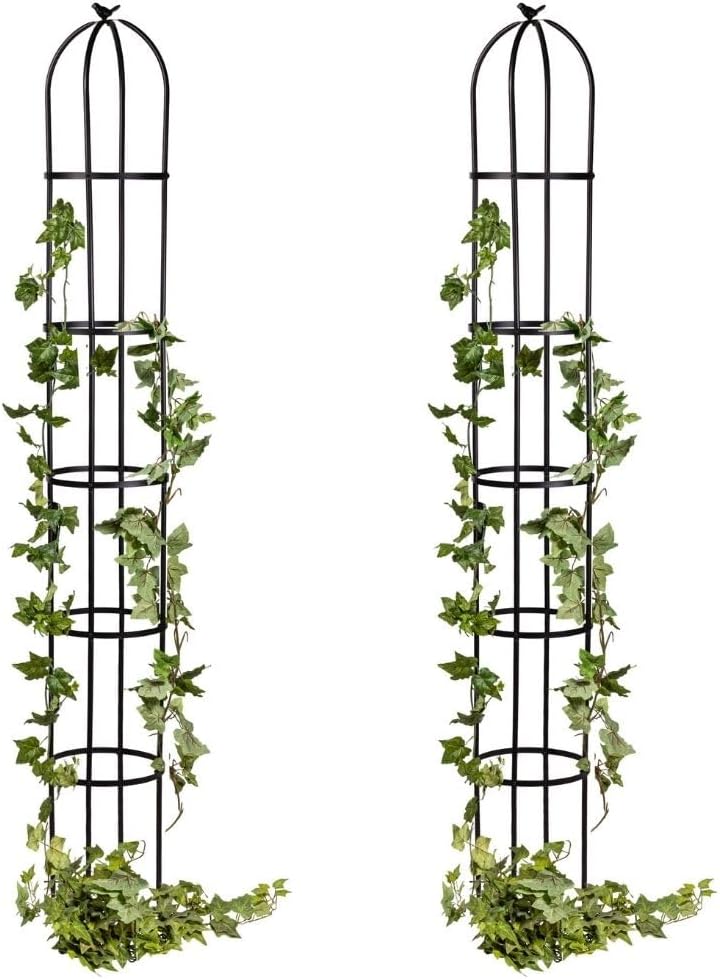 Evergreen Metal Garden Obelisk Trellis for Climbing Plants Outdoor, Indoor Plant Trellis for Potted Plants, Floral Pattern Arch Trellis (Black, 7 ft. Round)