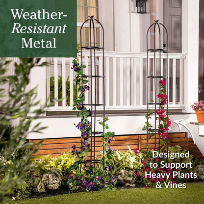 Evergreen Metal Garden Obelisk Trellis for Climbing Plants Outdoor, Indoor Plant Trellis for Potted Plants, Floral Pattern Arch Trellis (Black, 7 ft. Round)