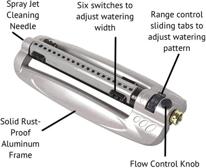 Metal Oscillating Lawn Sprinkler - Rust-Proof Aluminum Base - 4,100 Sq. Ft. Coverage - Easy Adjust Range Control - Built-in Spray Jet Cleaning Needle