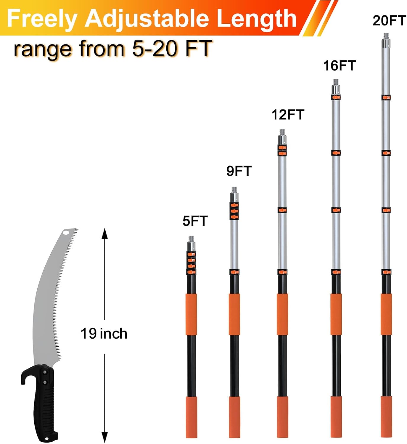 26FT Pole Saw, Telescoping Tree Trimmer with 5-20FT Extension Pole, Manual Branches Pruner for Backyard, Orange