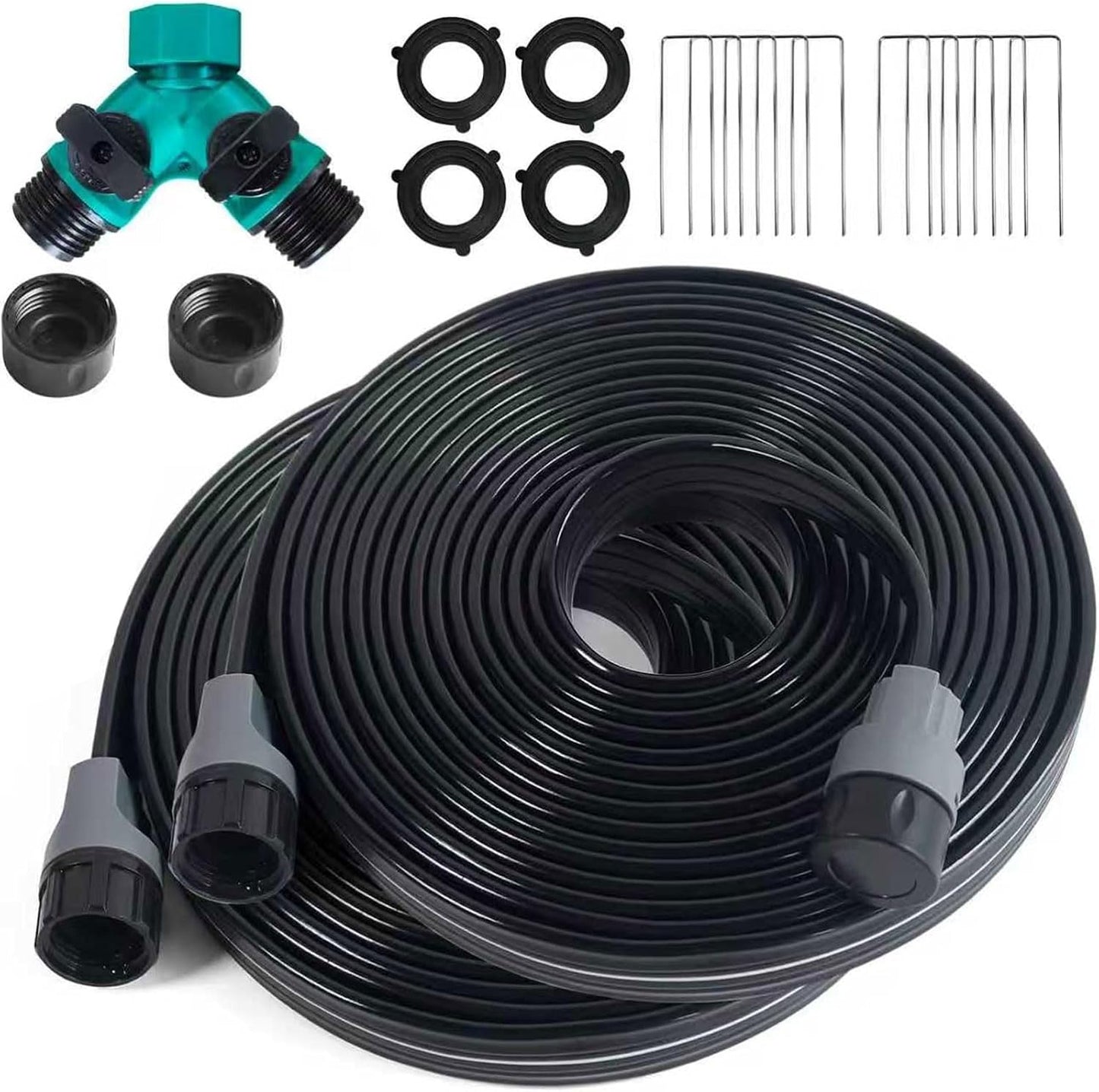 Sprinkler Hose with Holes, Flat Soaker Hoses 50 ft (25 ft 2pack) with Garden Staples and Splitters, PVC Drip Line Irrigation Watering Hoses for Lawn,Garden Beds (50 ft)