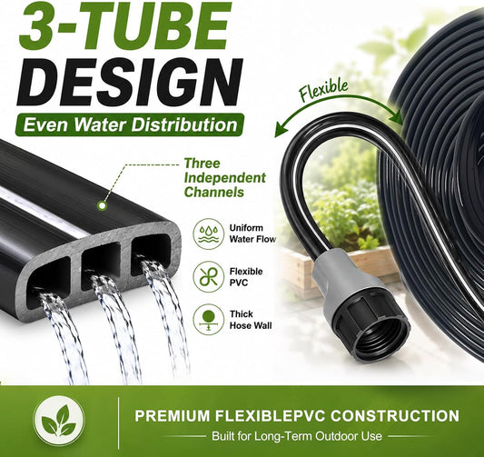 Sprinkler Hose with Holes, Flat Soaker Hoses 50 ft (25 ft 2pack) with Garden Staples and Splitters, PVC Drip Line Irrigation Watering Hoses for Lawn,Garden Beds (50 ft)