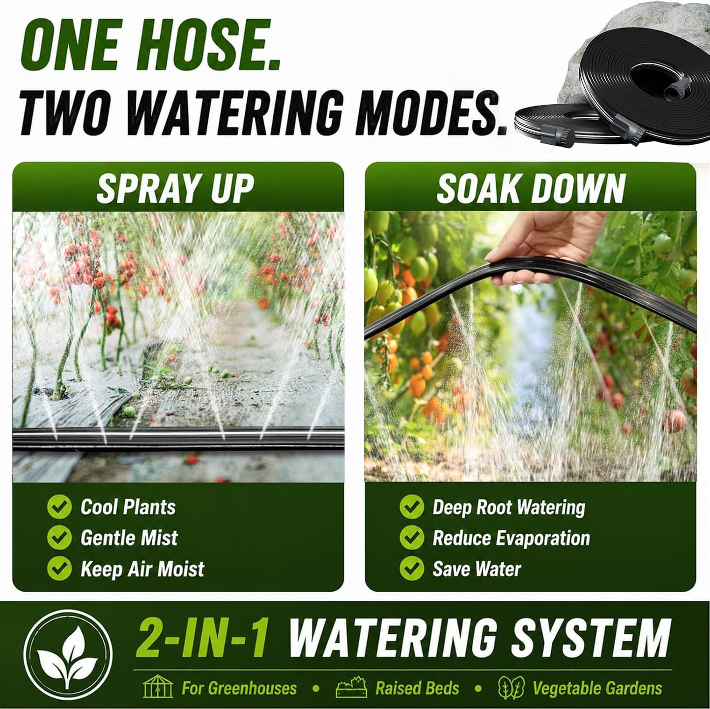 Sprinkler Hose with Holes, Flat Soaker Hoses 50 ft (25 ft 2pack) with Garden Staples and Splitters, PVC Drip Line Irrigation Watering Hoses for Lawn,Garden Beds (50 ft)