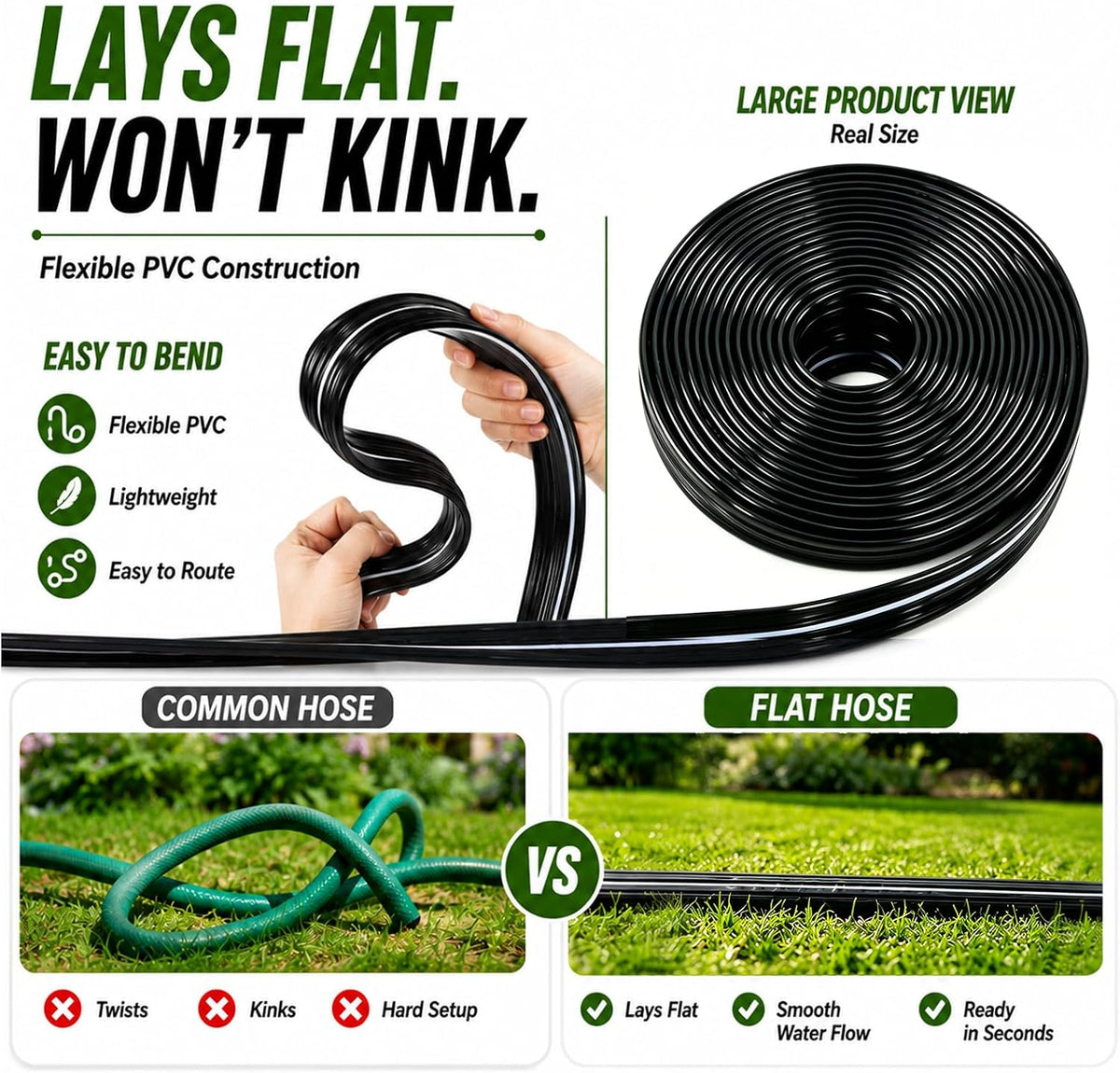 Sprinkler Hose with Holes, Flat Soaker Hoses 50 ft (25 ft 2pack) with Garden Staples and Splitters, PVC Drip Line Irrigation Watering Hoses for Lawn,Garden Beds (50 ft)