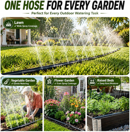 Sprinkler Hose with Holes, Flat Soaker Hoses 50 ft (25 ft 2pack) with Garden Staples and Splitters, PVC Drip Line Irrigation Watering Hoses for Lawn,Garden Beds (50 ft)