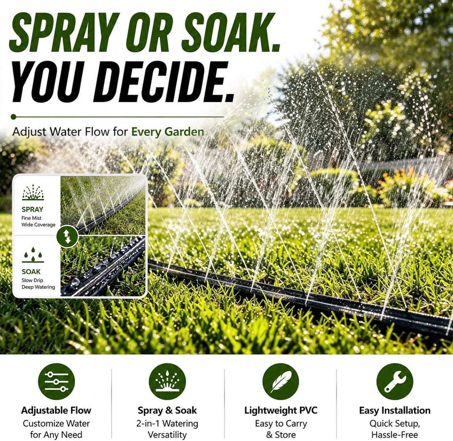 Sprinkler Hose with Holes, Flat Soaker Hoses 50 ft (25 ft 2pack) with Garden Staples and Splitters, PVC Drip Line Irrigation Watering Hoses for Lawn,Garden Beds (50 ft)