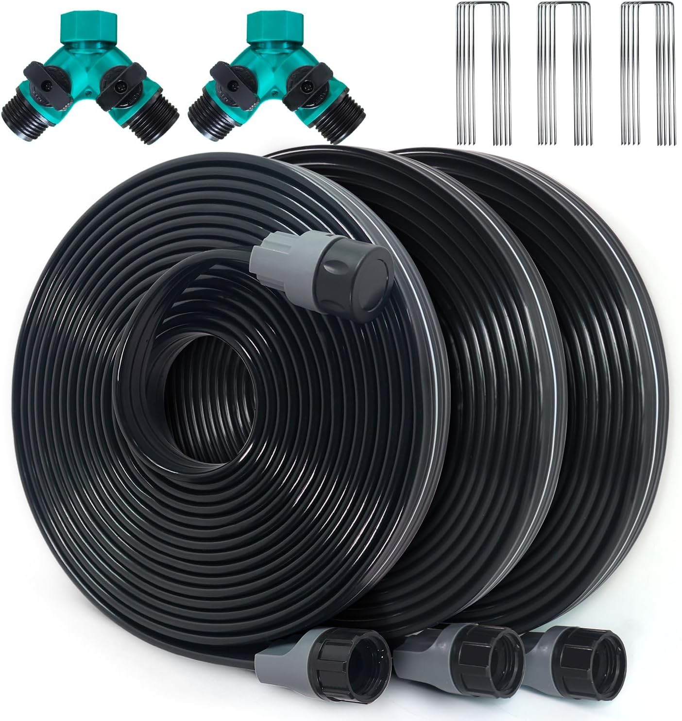 Sprinkler Hose with Holes, Flat Soaker Hoses 50 ft (25 ft 2pack) with Garden Staples and Splitters, PVC Drip Line Irrigation Watering Hoses for Lawn,Garden Beds (50 ft)
