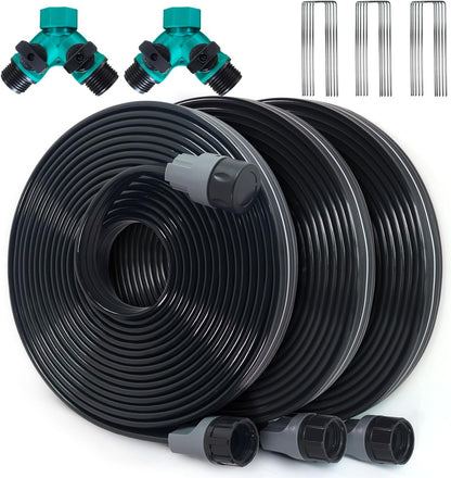 Sprinkler Hose with Holes, Flat Soaker Hoses 50 ft (25 ft 2pack) with Garden Staples and Splitters, PVC Drip Line Irrigation Watering Hoses for Lawn,Garden Beds (50 ft)