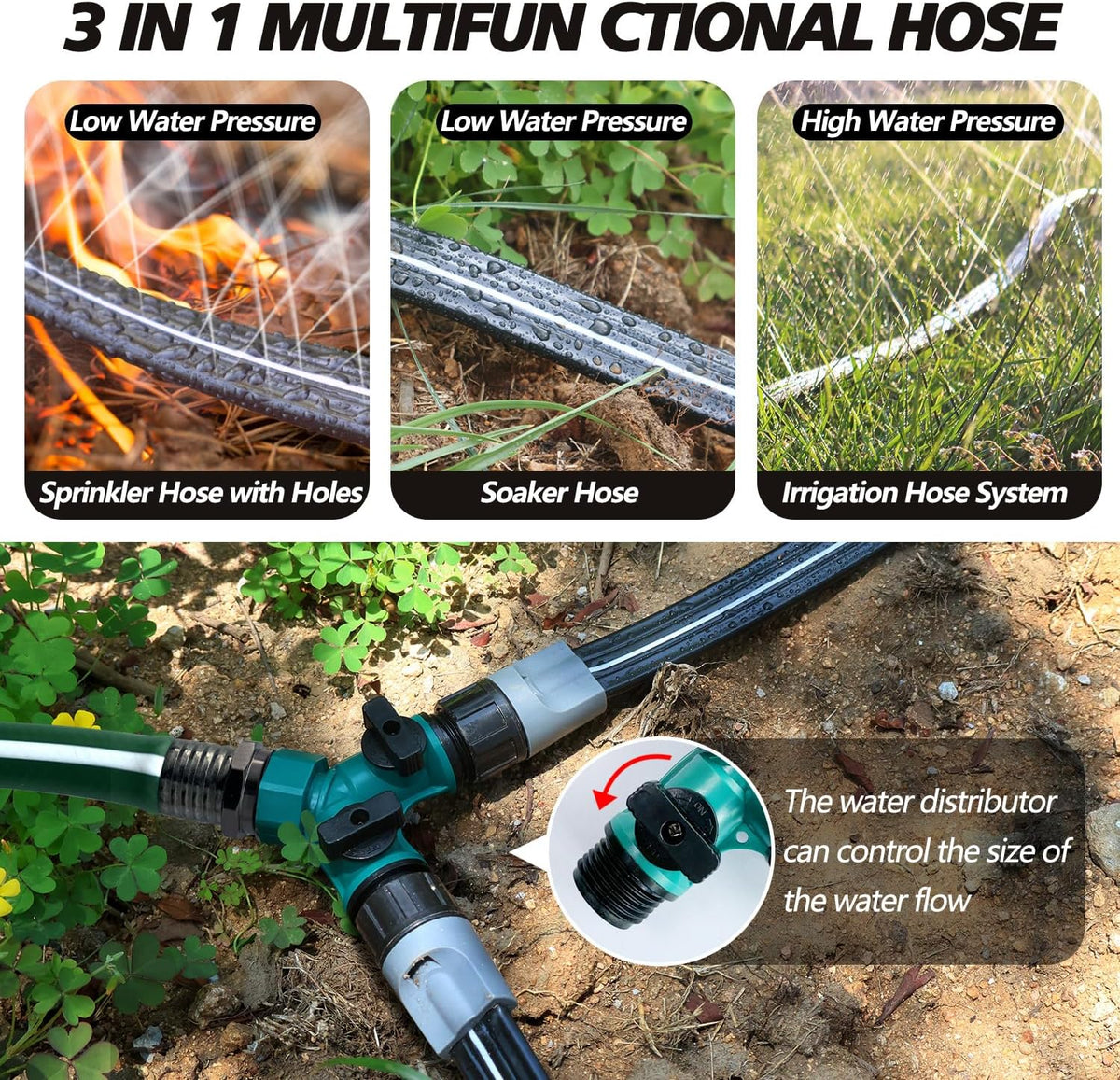 Sprinkler Hose with Holes, Flat Soaker Hoses 50 ft (25 ft 2pack) with Garden Staples and Splitters, PVC Drip Line Irrigation Watering Hoses for Lawn,Garden Beds (50 ft)
