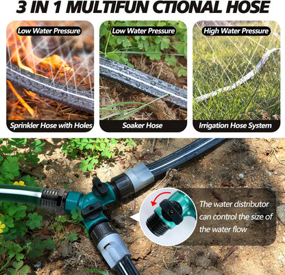 Sprinkler Hose with Holes, Flat Soaker Hoses 50 ft (25 ft 2pack) with Garden Staples and Splitters, PVC Drip Line Irrigation Watering Hoses for Lawn,Garden Beds (50 ft)