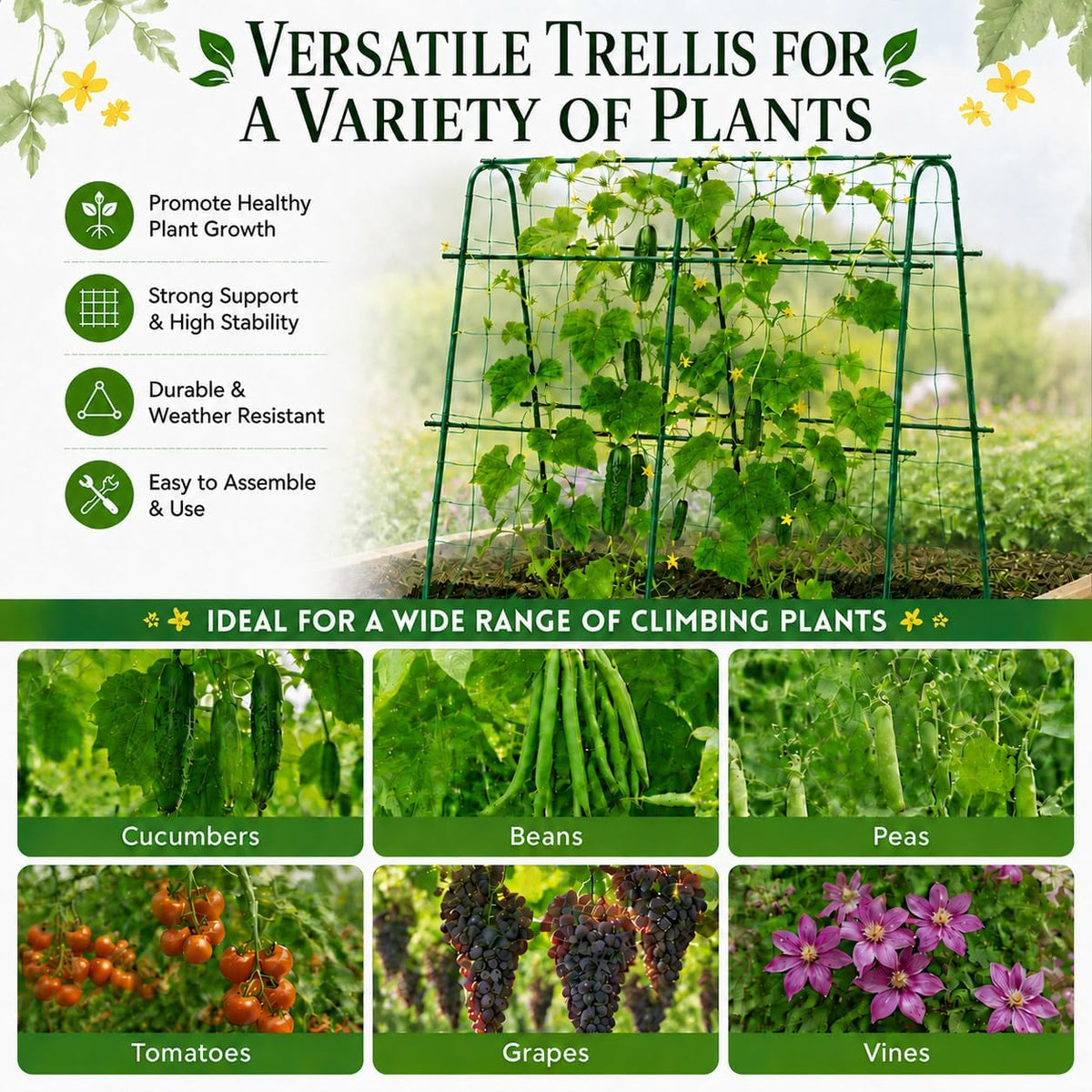 Cucumber Trellis for Raised Garden Bed, 48x48inch, Green