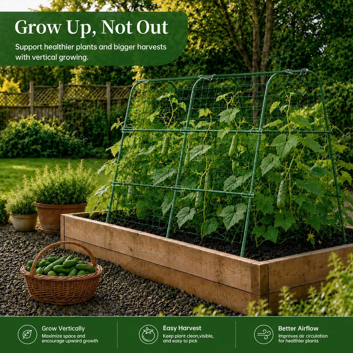 Cucumber Trellis for Raised Garden Bed, 48x48inch, Green