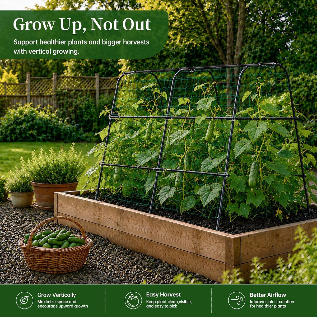 Cucumber Trellis for Raised Garden Bed, 48x48inch, Green