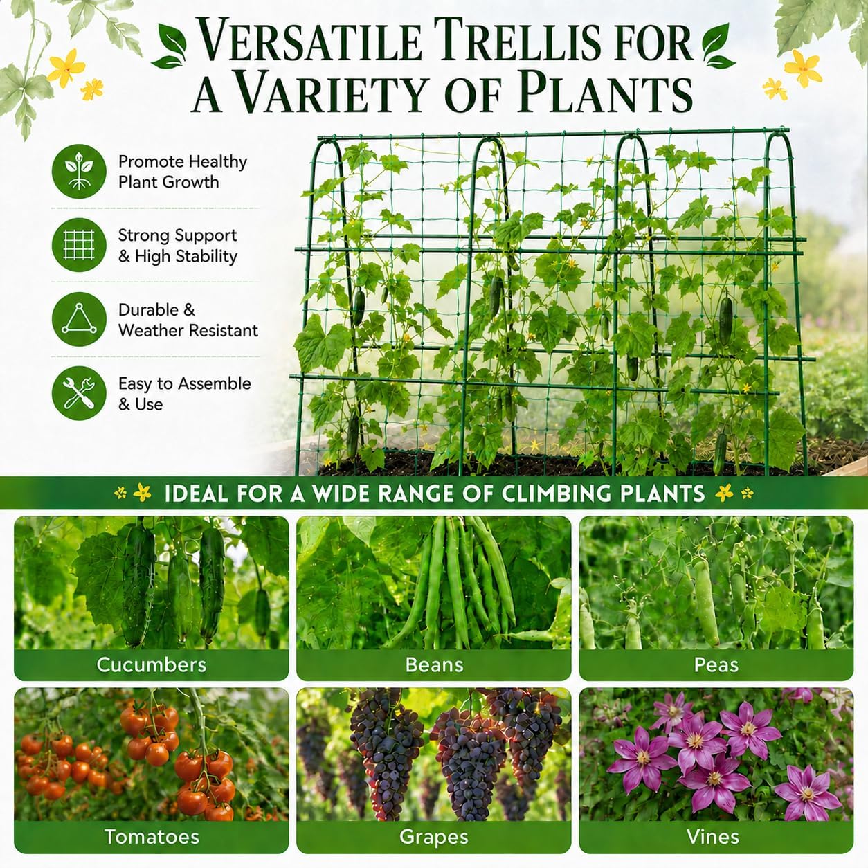 Cucumber Trellis for Raised Garden Bed, 48x48inch, Green