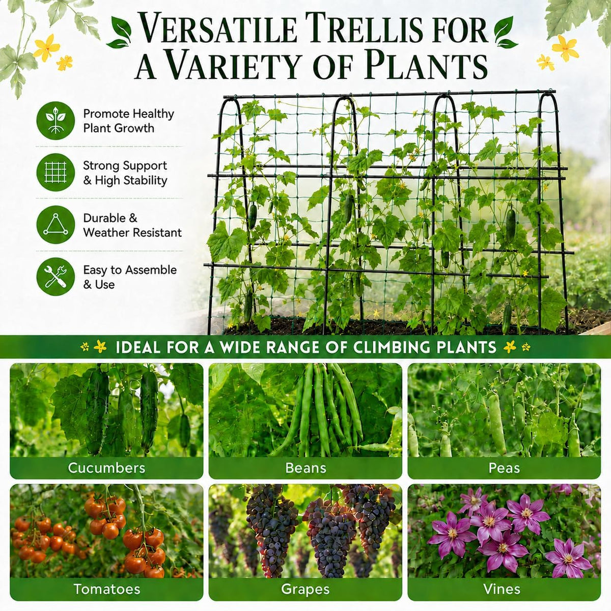 Cucumber Trellis for Raised Garden Bed, 48x48inch, Green