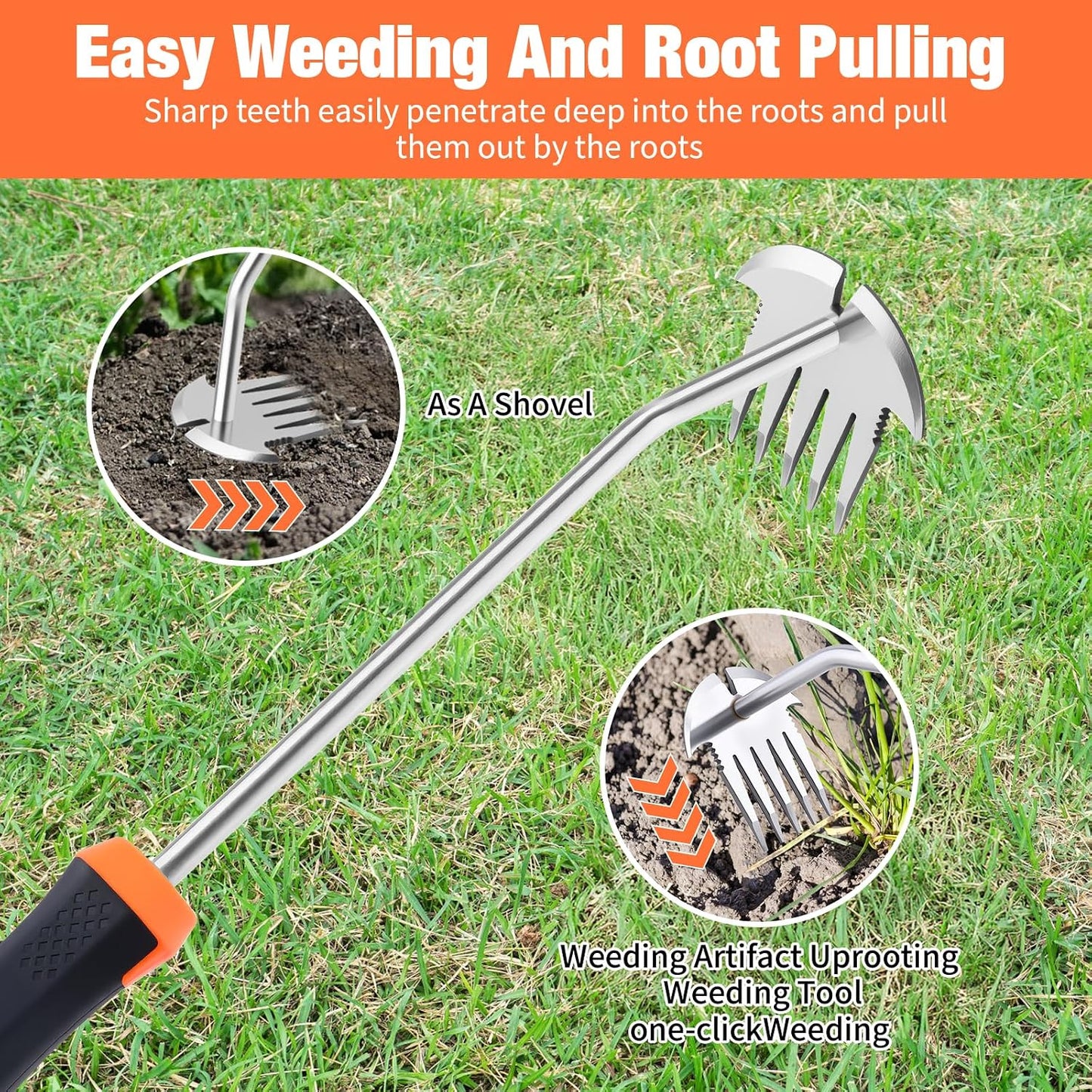 Weed Puller Tool, Portable Garden Weeder Tool, 2026 New Model Rubber Non-Slip Handle Stainless Steel 5-Teeth Weeding Tool, Garden Tools for Vegetable Gardening Backyard Farm Planting & Weeding Tool