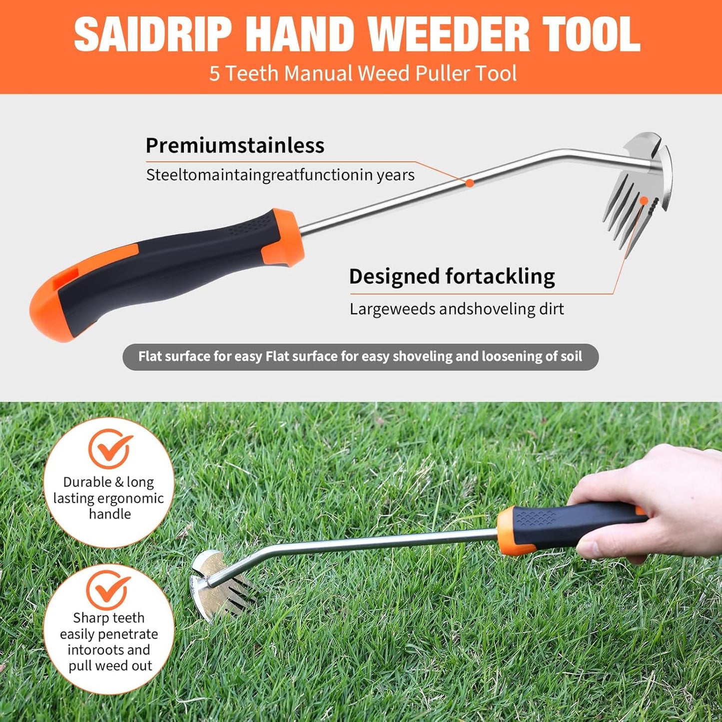 Weed Puller Tool, Portable Garden Weeder Tool, 2026 New Model Rubber Non-Slip Handle Stainless Steel 5-Teeth Weeding Tool, Garden Tools for Vegetable Gardening Backyard Farm Planting & Weeding Tool