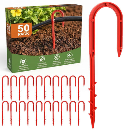 50 Pcs 5.79 Inch Drip Irrigation Hold Down Stakes U-Shaped Barbed Hose Stakes Red Plastic Hose Hold-Down Anchor for Lawn Drip System, Soaker Lines, Garden Irrigation System